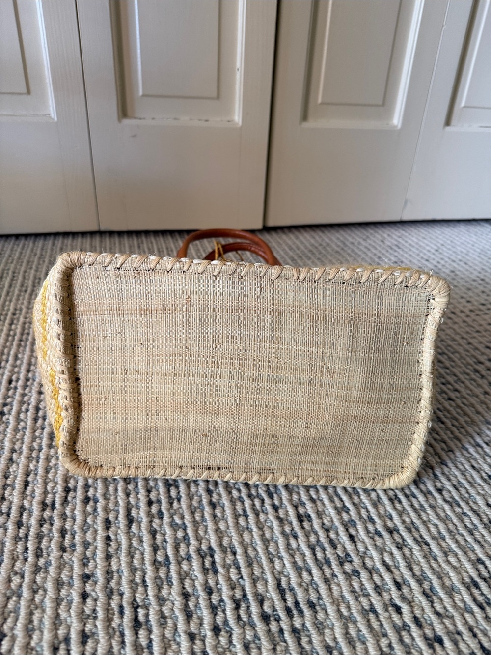 Mar Y Sol Woven Straw Tote with yellow Stripe and Pom Pom Accents - Picture 5 of 5